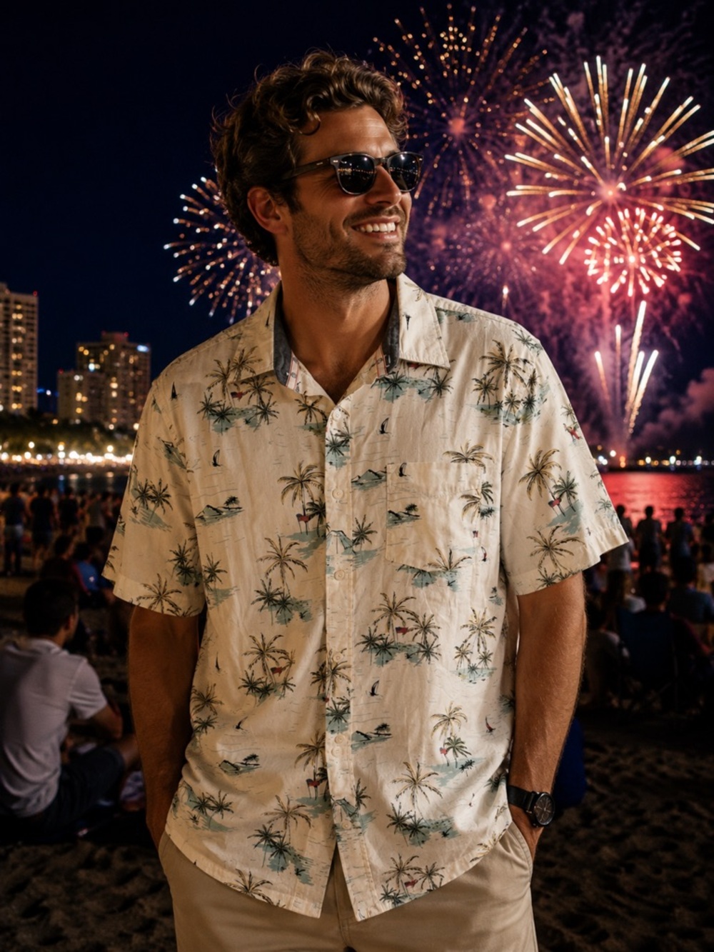 Free Planet Hawaiian White Palm Tree Short Sleeve Button-Up Shirt American Flags
